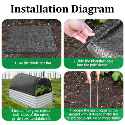 Upgraded 4x2x1Ft Raised Garden Bed Sun Shade Kit – 70% Black Shade Cloth Plant Sunblock Cover with 7mm Thicker Foldable Fiberglass Poles, Pre-Assembled Tunnel with Stakes & Fixed Ropes for Raised Bed