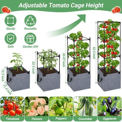 Qinzave 3 Pack Square Tomato Cages with Grow Bags, 42.5 Inch Stable Square Tomato Planter Support Stakes Kit for Garden, Tomato Cages Trellis Pots for Spring Climbing Vegetables Fruits Vines Flowers