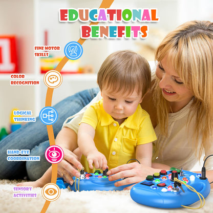 JIWORT Busy Board with LED Light, Montessori Busy Board for 1+ Year Old, Sensory Toys with Sound and Switches, Fidget Board for Kids Electronic Early Development Toys Boys Birthday (Blue)