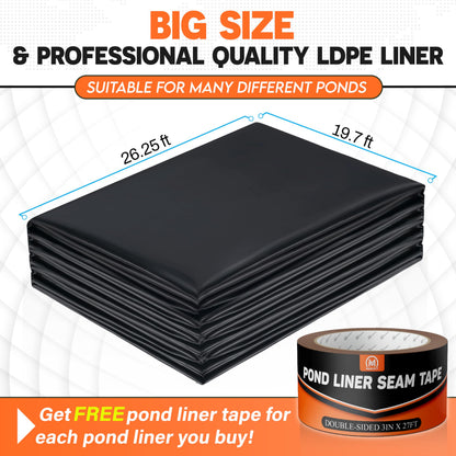 PAMAZY [Premium] 45 Mil LDPE Pond Liner with Seam Tape, 19.7 * 26.2FT Pond Lining for Fish Pond, Performed Garden Ponds, Large Pond Liner for Fishpond, Koi Pond, Waterfall, Streams