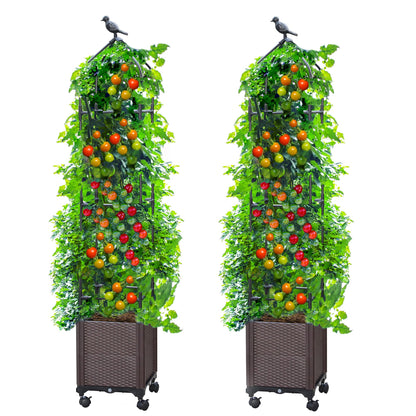 Sunnyglade 2 PCS Raised Garden Bed Planter Box with Trellis, 63" Tall Outdoor Tomato Planters for Climbing Vegetables Flowers Vine Plants, Tomato Cage with Wheels (2)