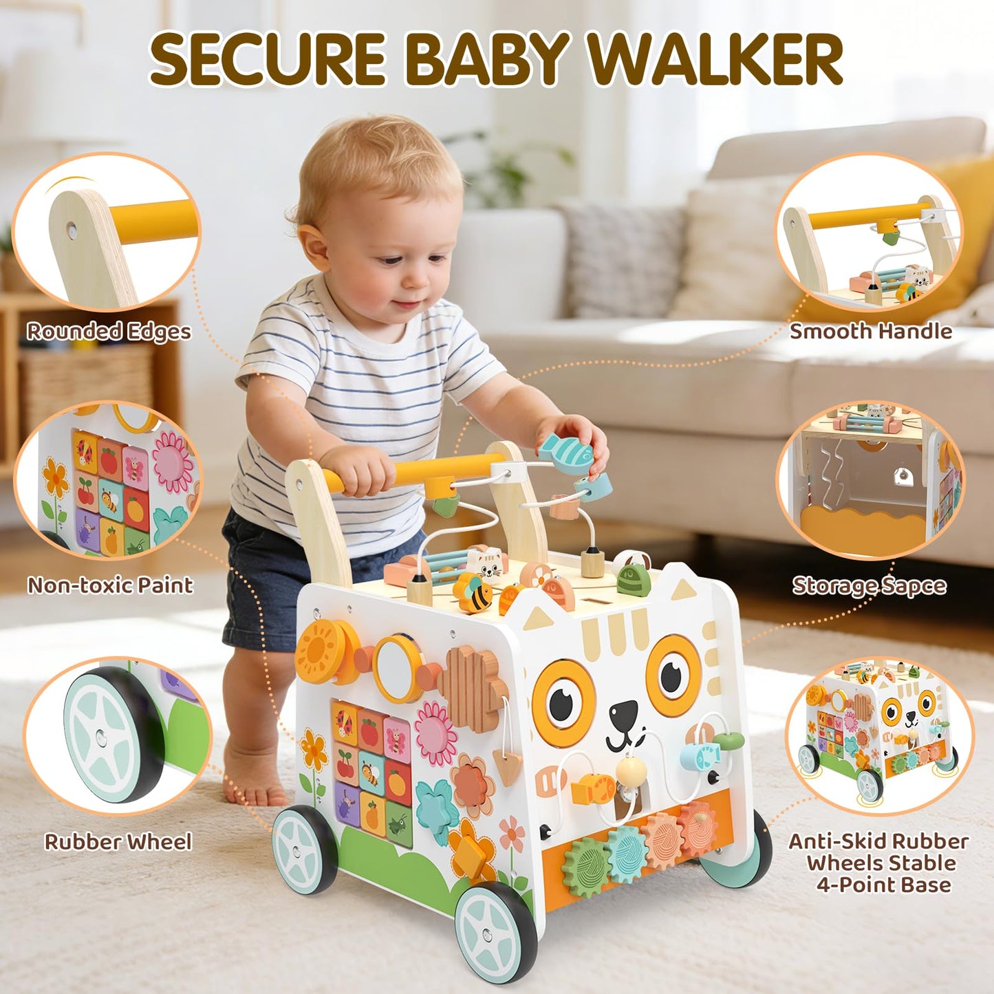 Wooden Baby Walker, Baby Push Walker with Wheels, 16-in-1 Montessori Activity Center Bead Maze Shape Sorter Xylophone, Height Adjustable Walking Toy 12+ Months, 1 Year Old Birthday Gifts Boys Girls