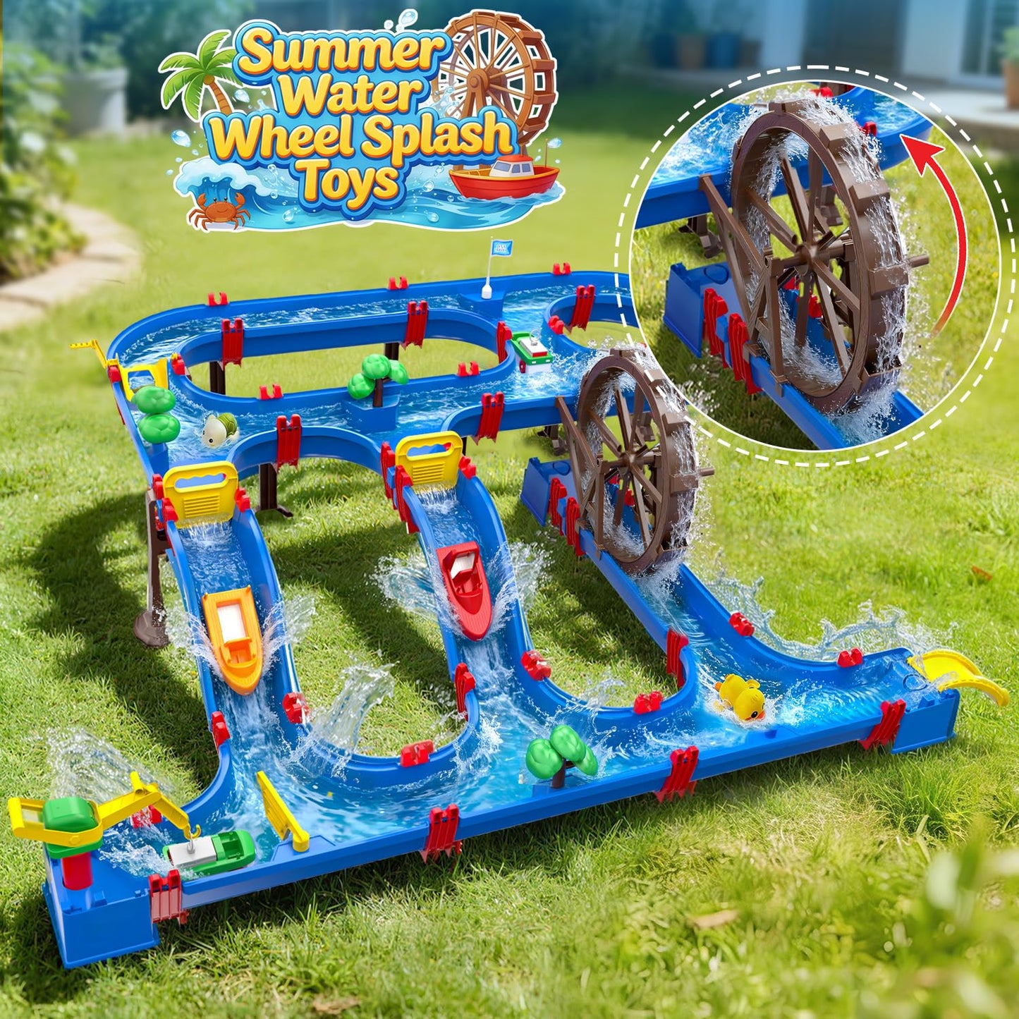 VATOS Double-Tier Watermill Summer Toy, 120 PCS DIY Water Table Toys for Kids, Girls, Boys 4-6 Years, Outdoor Water Toys Backyard, Beach, Balcony, Garden Fun Water Playset for Kids Pets