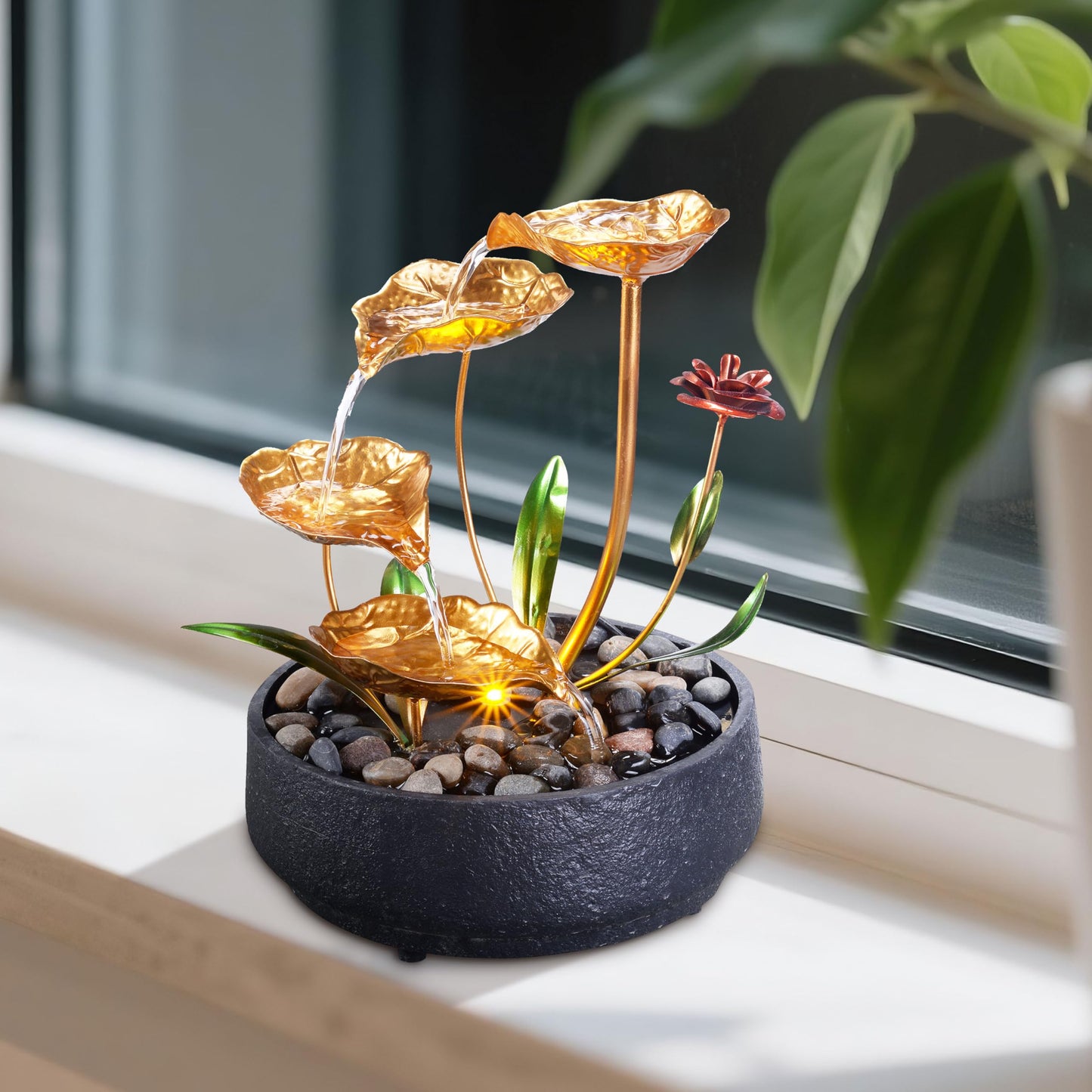MSEONWXI Tabletop Fountain Metal Lotus Circulating Fountain Water Feature for Zen Home Decor Warm Yellow Scene Light(23034)