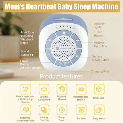 Amplim Mom’s Real Heartbeat Sound Device, Womb Sound Recorder White Noise for Newborn, Soothing Baby Sleep Machine, Rechargeable, Timer & Volume Control, Portable Infant Aid for Faster, Deeper Sleep