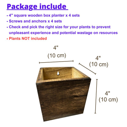 LaLaGreen Wood Planter Boxes (4x4 Inch, 4 Pack) Small Square Wooden Wall Mounted Flower Pot for Indoor Plants, Window Box Mount Hanging Herb Planters Outdoor Plant Holder Vertical Garden Home Decor
