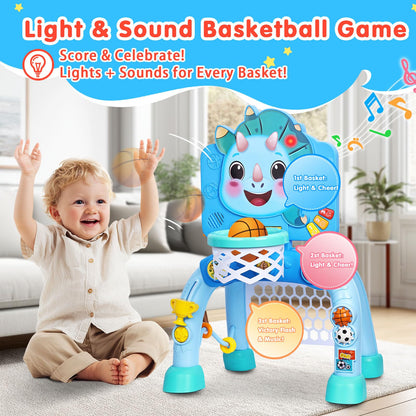 SunRiMax Toddler Basketball Hoop&Soccer Goal,Toys for 1 2 3 Year Old Boys,1+ Year Old Boy Gift 1st Birthday Chirstmas,Dinosaur Baby Sports Toy with Light Sound Music,12-18 Months Baby Activity Center