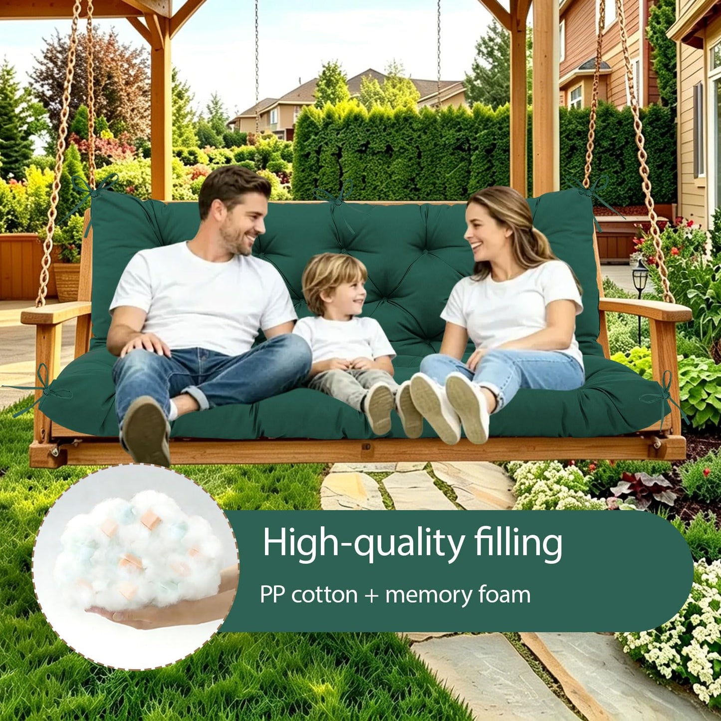 Durable Extra 5" Thick Outdoor Swing Cushions 3 Seater Waterproof Replacement Porch Swing Cushions with Backrest and Ties Fade-Resistant for Outdoor Patio Long Bench Furniture(Dark Green 60×40×5")
