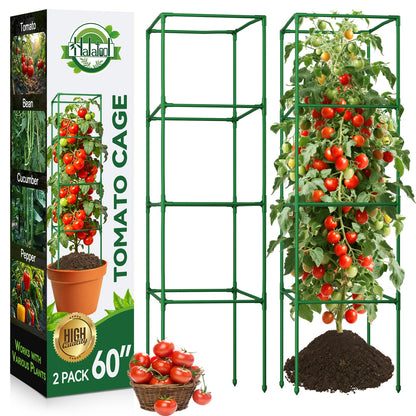 Halatool 2 Pack 60in Square Tomato Cages for Garden, Heavy Duty Adjustable Metal Tomato Trellis for Climbing Plants – Green Plant Support Stakes for Vegetables Flowers Fruits & Raised Bed Outdoor