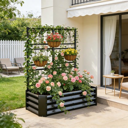 Galvanized Raised Garden Bed with Trellis for Climbing Plants Outdoor,Metal Vertical Garden Planter Box for Patio,Heavy Duty Elevated Garden Bed for Vegetables Tomatoes Cucumbers Flowers Herbs,Black