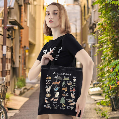 LEVLO Animal Alphabet Canvas Tote Bag - Woodland Themed Gift A-Z Grocery Bag (Black Tote)