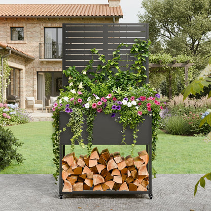 Metal Planter Box with Trellis, 3 in 1 Raised Garden Bed with Trelli & Firewood Rack, Privacy Planter Screen for Climbing Plants, Vine, Outdoor Garden Standing Beds with Drainage Holes, Wheels,Black