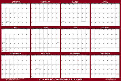 32" x 48" SwiftGlimpse 2027 Wall Calendar Erasable Large Wet & Dry Erase Laminated 12 Month Annual Yearly Wall Planner, Reversible, Horizontal/Vertical, Burgundy