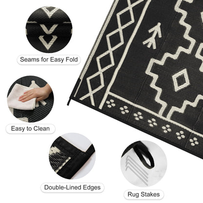 Uphome Outdoor Rugs 8x10 Waterproof, Reversible Black Boho RV Camping Rug, Patio Plastic Straw Outside Rug, Large Foldable Outdoor Mat Carpet for Backyard Deck Pool Balcony Picnic Beach, 8'x10'