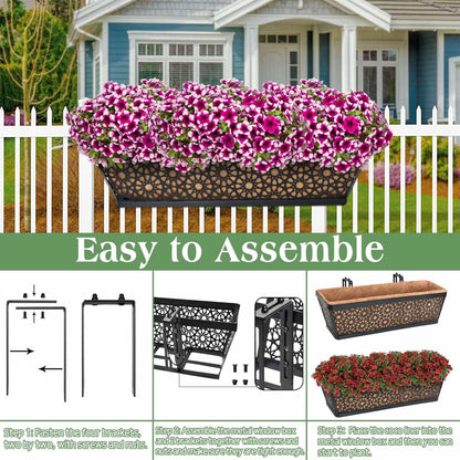 Halatool 24 Inch Window Boxes Planters, 2 Pack Sturdy Metal Deck Flower Railing Planter Box with Coco Liners for Indoor Outdoor Decor, Adjustable Rail Planter for Window Fence Porch Balcony Patio Lawn