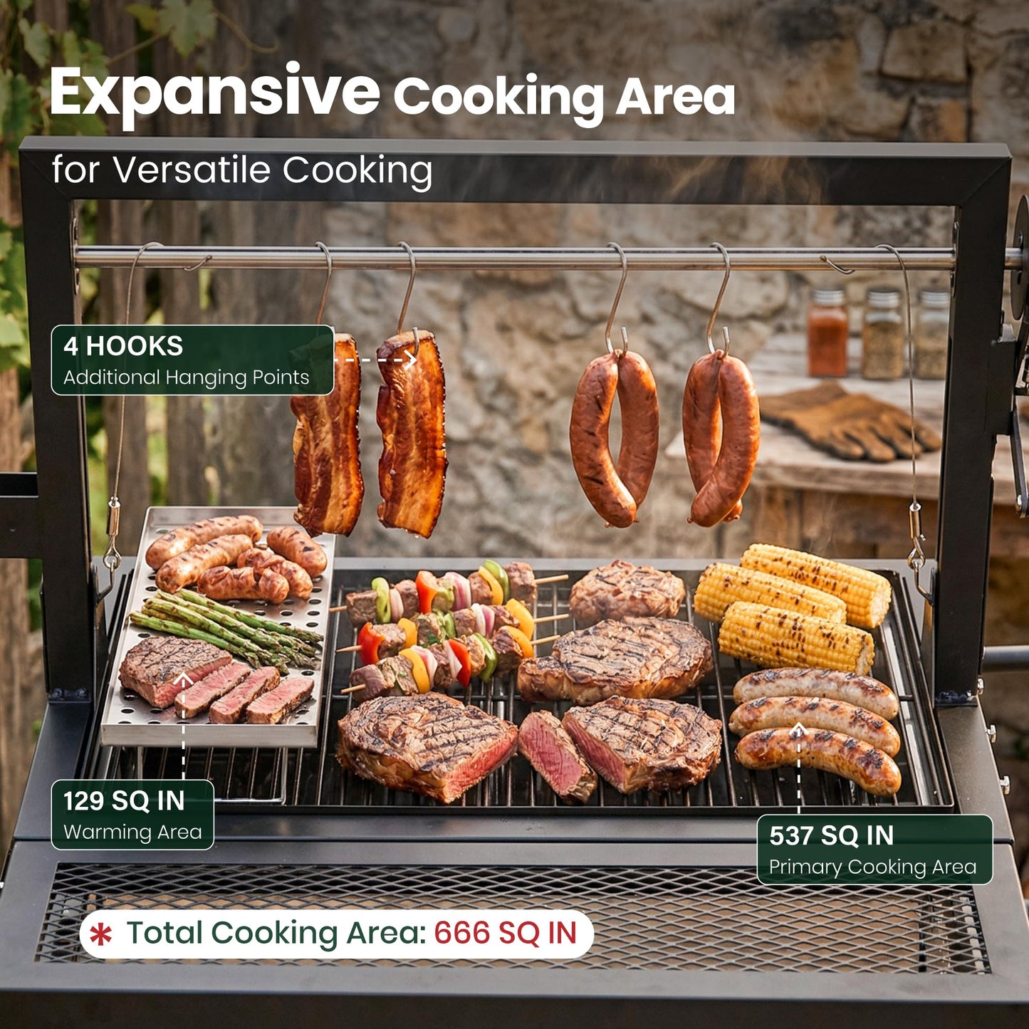 Argentine Santa Maria Grill, Wood Fire & Charcoal BBQ Grill with Adjustable Height Grates, Argentinian Open Fire Grill with S-Hooks and Foldable Front Table for Outdoor Patio Backyard Gaucho Grilling