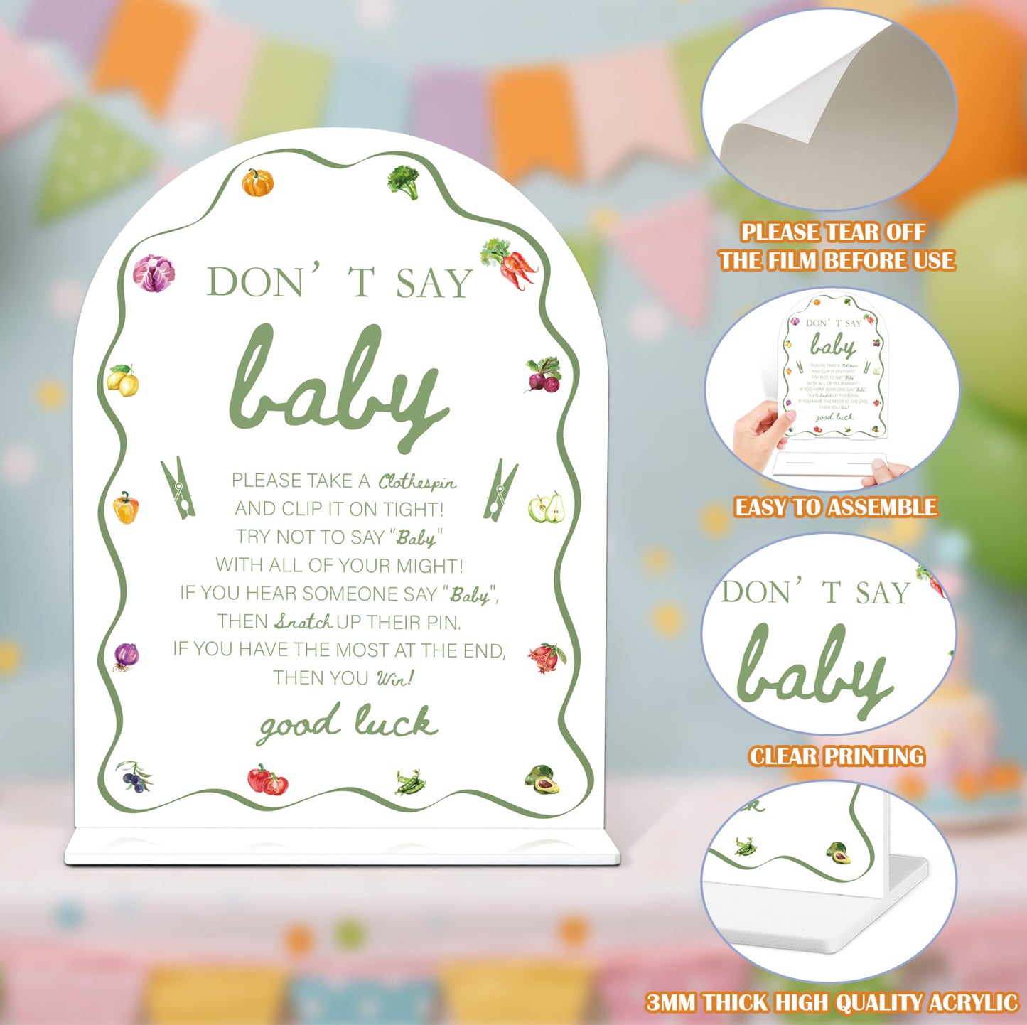 Baby Shower Games - Locally Grown Don't Say Baby Clothespin Game, 1 Sign and 50 Mini Clothespins, Gender Reveal Game, Farmers Market Baby Shower Decoration Supplies (ARI07)