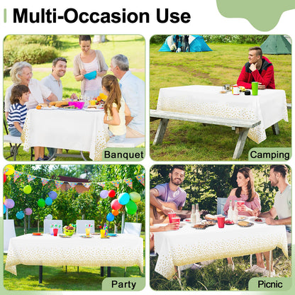 misaya 6 Packs Dot Disposable Table Cloth, 54 x 108 Inch Waterproof Plastic Tablecloth, Rectangle Gold Dots in White Table Covers for Picnic, Birthday, Party