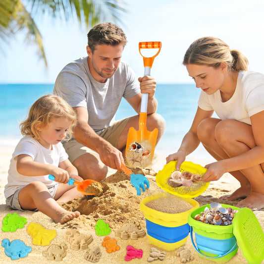 AuroTops Beach Toys for Kids,Collapsible Beach Buckets and Shovels Set with Mesh Bag,Sand Rake Toy,Cute Sand Molds for Kids and Toddlers Outdoor Toys,Summer Travel Beach Game Set