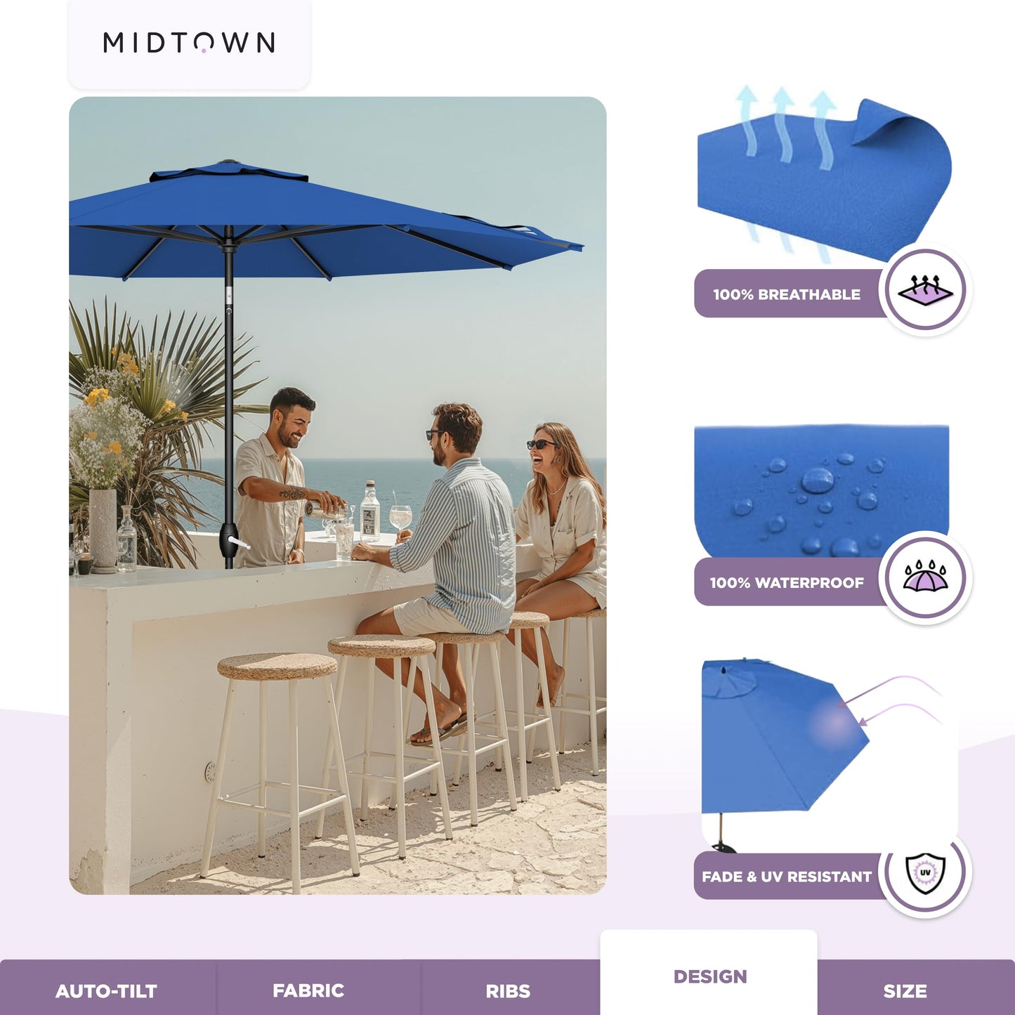 Midtown Umbrellas – The Lean 9 Ft Patio Umbrella with 10-Year-No-Fade Acrylast Acrylic Fabric, Auto-Tilt and 8 Reinforced Ribs for Deck, Pool, Garden, Hotel & Cafes – Deep Atlantic Canopy, Black Pole