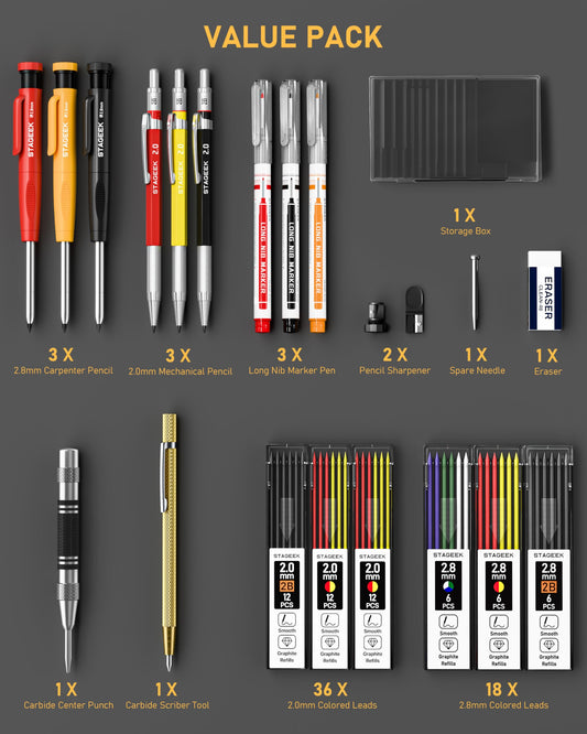STAGEEK 22 Pack Carpenter Pencil Set with Sharpener, Mechanical Carpenter Pencils with 60 Refills, Deep Hole Long-Nib Marker Pens, Carbide Scribe Tool & Construction Pencils for Architect with Case