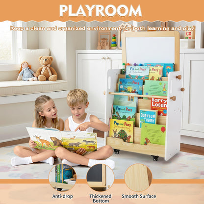 Kids Bookshelf & Easel & Toys Storage Organizer with Wheels, 3-in-1 Wooden Art Easels with Chalkboard & Whiteboard for Toddlers, 5-Tier Montessori Book Shelf for Kids Rooms, Bedroom, Nursery, Playroom