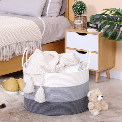 KAKAMAY Large Blanket Basket (20"x13"),Woven Baskets for storage Baby Laundry Hamper,Cotton Rope Blanket Basket for Living Room, Laundry, Nursery, Pillows, Baby Toy chest with Handles (White/Grey)