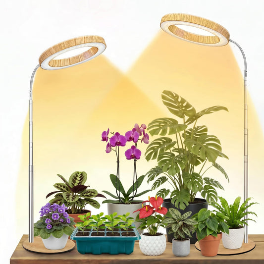 Grow Light for Indoor Plants Full Spectrum, Desk LED Plant Light with Faux Wood Grain, 12"-43" Height Adjustable, Auto On/Off Timer 3/9/12H, 3 Modes 10 Dimmable Levels for Succulents (2, Wood Grain)