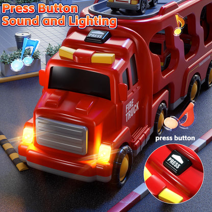 KIZONLY Fire Truck Toys for Toddler 1-3 3-5, 5-in-1 Fire Car Carrier Vehicle Set for Girls 1 2 3 4 5 6 Years Old, Transport Car with Light Sound, Birthdays Gifts for Kids Girls Aged 3-9