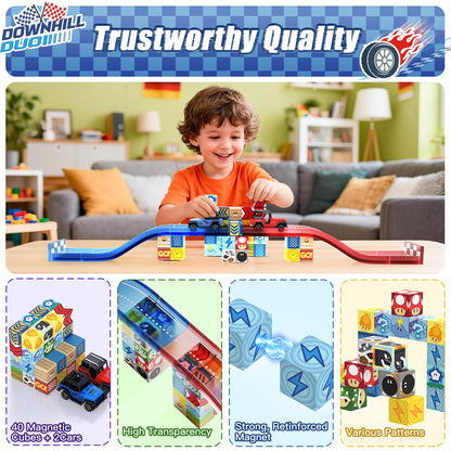 tinytrek Magnetic Tiles Race Track Set, 52PCS STEM Educational Magnetic Building Blocks with 2 Race Cars, Montessori Sensory Travel Toys for Kids 3 4 5 6 7 8, Birthday for Boys & Girls