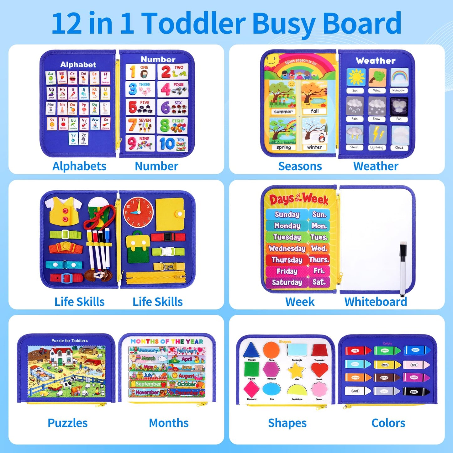 Toddler Busy Board, Montessori Busy Book for Toddlers, 12-Page Quiet Educational Activity Book for Motor Skills, Learning Sensory Travel Toys for Car Airplane, Birthday Gifts for Boy Girl Kids (Blue)