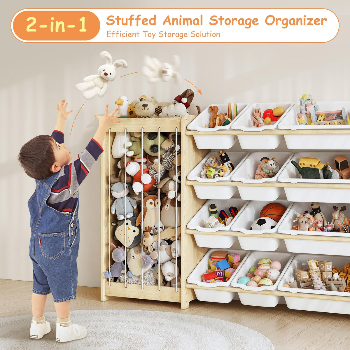 EXPERLAM Kids Toy Storage Organizer, 2-in-1 Stuffed Animal Storage & Toy Organizer w/12 Bins, Solid Wood Toy Rack Featuring Thicker Elastic Ropes to Hold Toys, Playroom Nursery Bedroom Storage, White