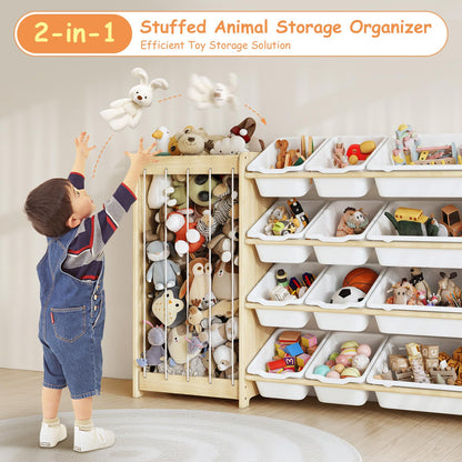EXPERLAM Kids Toy Storage Organizer, 2-in-1 Stuffed Animal Storage & Toy Organizer w/12 Bins, Solid Wood Toy Rack Featuring Thicker Elastic Ropes to Hold Toys, Playroom Nursery Bedroom Storage, White