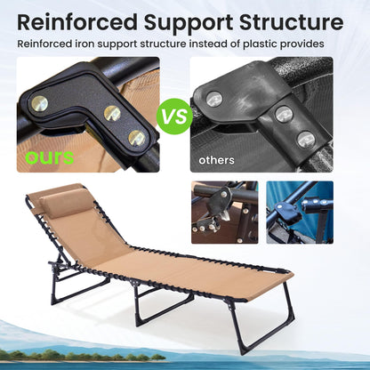 Foristrail 2 Pack Folding Chaise Lounge Chair 5-Position Adjustable Outdoor Recliner 400LB Capacity Portable Patio Camping Beach Pool Sunbathing Lounger with Pillow, Light Beige