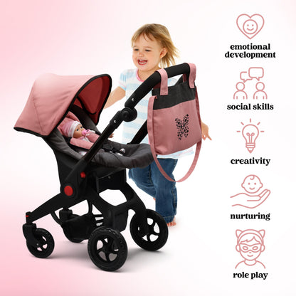 Baby Doll Convertible Travel Stroller for Girls Toddler Play Toy Car Seat Two in One Foldable Carriage for Kids with Diaper Bag Pretend Play Stroller for Doll