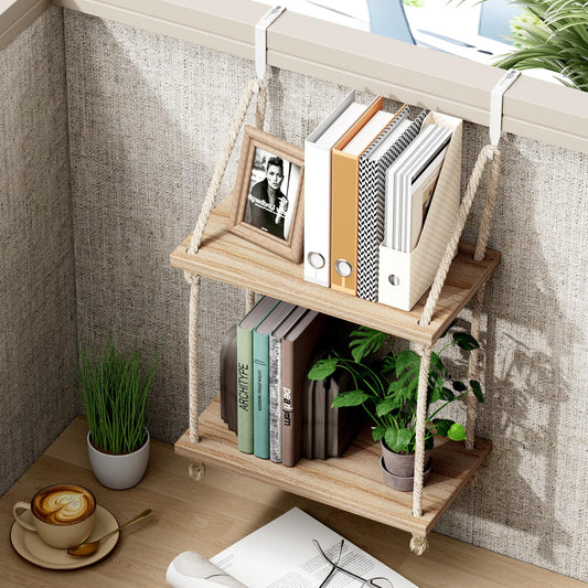 YOYUTOX 2 Tier Cubicle Shelf for Walls, 11.8" Wooden Hanging Wall Shelf with Hooks & Cotton Rope, Boho Style Office Cubicle Accessories for Work, Desk Wall Storage Organizer for Office Decor