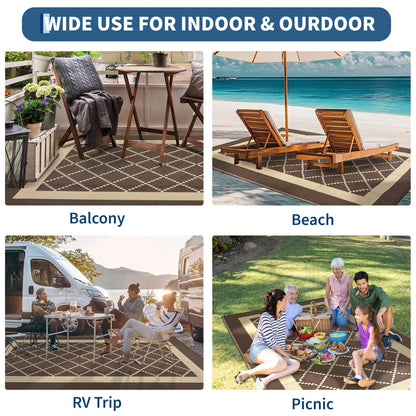 IDEALHOUSE Outdoor Rug, 320GSM PP Plastic Straw Mat, Modern Cross Grid Pattern, Waterproof Breathable Floor Mat, Lightweight Foldable Carpet for Patio Camping RV Backyard, Russet Brown, 9x18ft