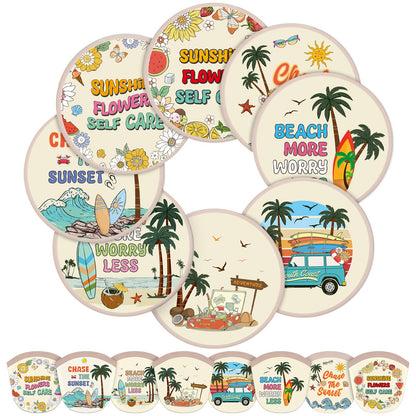 Gejoy 24 Pcs Beach Vacation Foldable Fan Style Summer Coconut Trees and Beaches Handheld Round Folding Flying Disc for Women Man Daily Use Festival Wedding Party Favors Decorations Portable, 8 Style