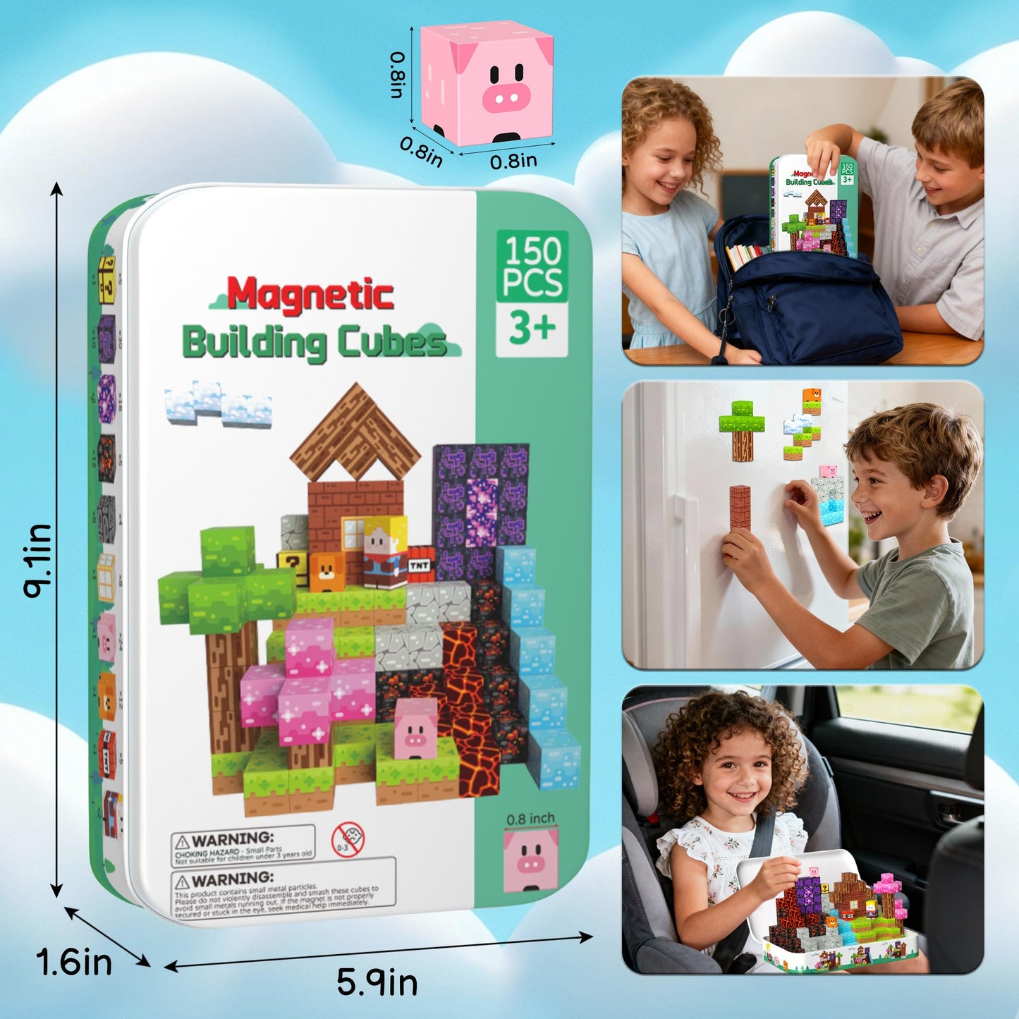 iLacven Magnetic Blocks Travel Magnetic Building Blocks Cubes - 150 PCS Tin Box Magnet Toys Set STEM Educational for Kids Ages 4-8 6-8 8-12 Year Old Boys Girls Gifts Birthday Christmas