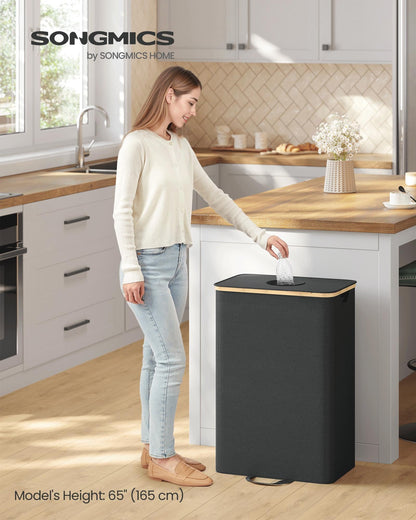 SONGMICS Recycling Bin for Kitchen 26.4 Gallon. Bottle Recycling Container, Collection Bin, for Metal, Plastic, Paper, Glass, Inner Bag with Handles, Kitchen, Ink Black and Natural Beige URRB509B01