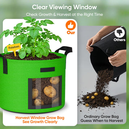 10 Gallon Potato Grow Bags: 5 Pack 350G Heavy Duty Thickened Grow Bags with Clear Harvest Window & Durable Handles - Felt Nonwoven Fabric Pots Planting Container for Plants Vegetable Flowers Herbs
