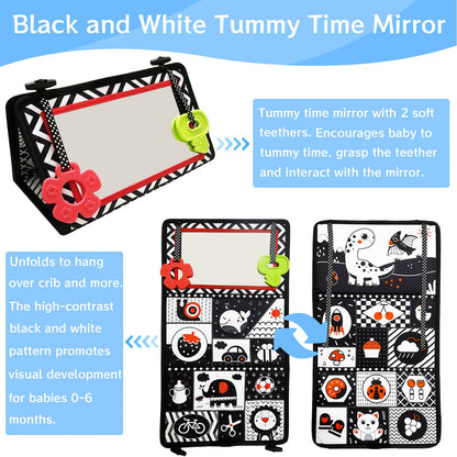 Autumety Tummy Time Mirror Newborn Toys: Black and White Infant Tummy Time Toys 0-3 0-6 6-12 Months Babies High Contrast Baby Toy with Book & Teethers Montessori Sensory Toy for Boy Girl Baby