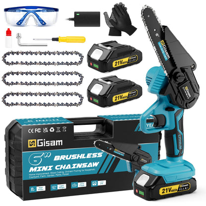 Brushless Mini Chainsaw Cordless, 6 Inch Electric Handheld Chain Saw with 2 Batteries & Auto Oiler, Battery Powered Gardening Tool for Wood/Tree Cutting, New Year Gifts for Dad Men Husband