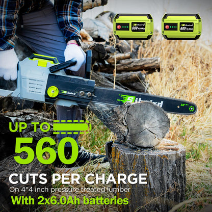 Sihuird 60V 18-Inch Cordless ChainSaw, 2 x 60V 6.0Ah Battery and Charger, Brushless Motor Electric Chainsaw with Tool-free Chain Tension & Auto Lubrication for Tree, Wood Cutting-SL9160
