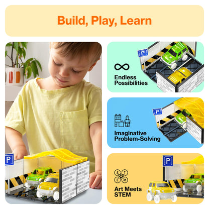 PicassoTiles Magnetic Tiles Race Car Track Kit Parking Garage Expansion Pack with 2 Cars Magnet Tile Building Blocks Educational Toy Learning Kit Pretend Play Construction Set Kids Child Ages 3+ PTR07