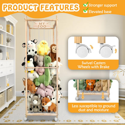 BETBEM Stuffed Animal Storage Zoo with Wheels, 64" Wooden Large Stuff Animals Plushies Holder Toy Organizer Kids Plush Storage Cage with Elastic Band and Net for Nursery Playroom Corner for Toddler