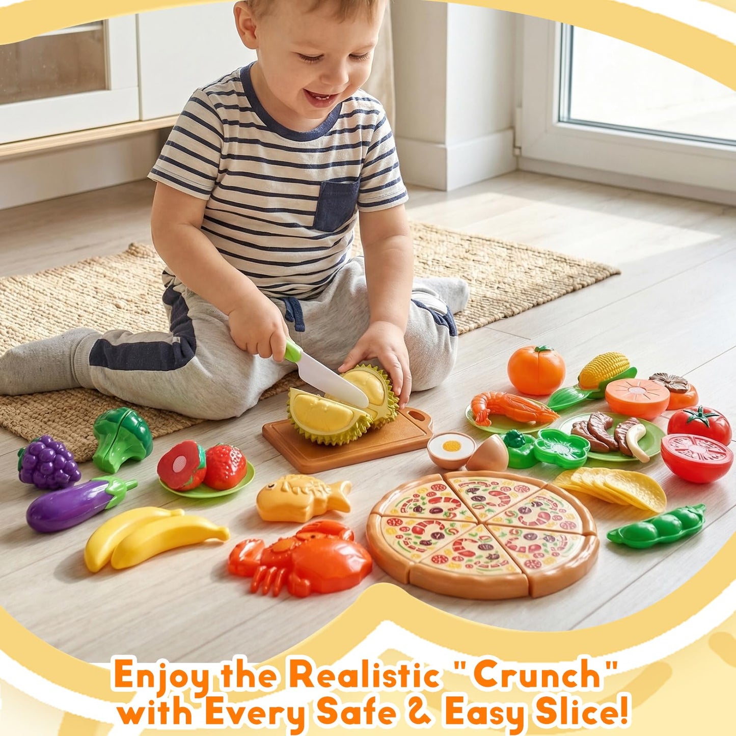 Cutting Play Food Toys, 200 Pieces Pretend Play Kitchen Accessories, Fake Fruits/Vegetables Cards, Play Money, 2 Shopping Storage Baskets, Birthday Gift, Educational Toy for Toddler Children