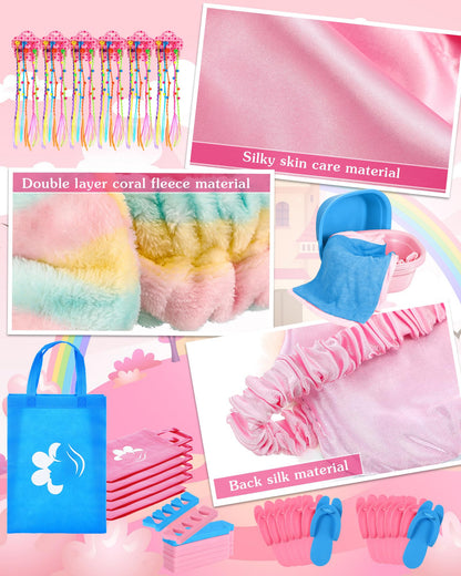 Suhine 6 Set Spa Party Supplies for Girls Kids 6 Satin Robes Spa Kit Sleepover Birthday Slumber Party Favors Nail Salon Pack(Peacock Blue, Pink)