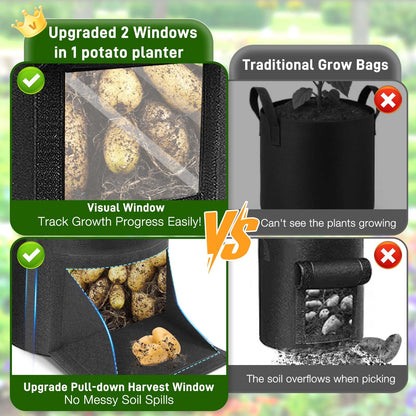 4 Pack Potato Grow Bags 15 Gallon with Harvest & Visible Window Thickened Garden Bags to Grow Vegetables with Handles & Metal Grommets for LST, Fabric Pots for Growing Carrots, Tomatoes, Onions