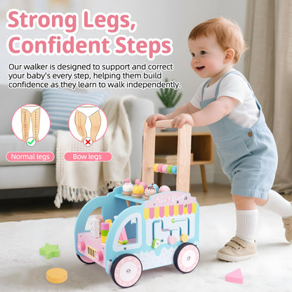 Wooden Baby Walker with Wheels for Girls, Toddler Play Store Ice Cream Toy, Multifunctional Ice Cream Cart with Baby Activity Center, Push Walking Toys Gift for 18+ Months Kids Learning to Walk